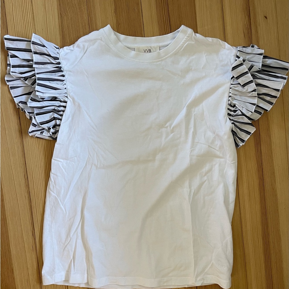 Victoria Beckham White Tee with Striped Ruffle Sleeves